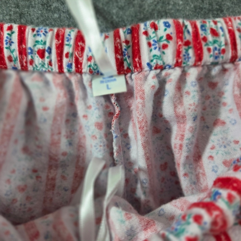 Lanz of Salzburg Women L Pajama Pants Red Floral Heart Stripe Cotton Flannel - Picture 3 of 9